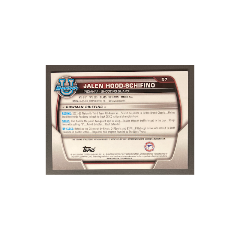 JALEN HOOD-SCHIFINO 2022-23 BOWMAN CHROME UNIVERSITY 1ST ROOKIE AUTO