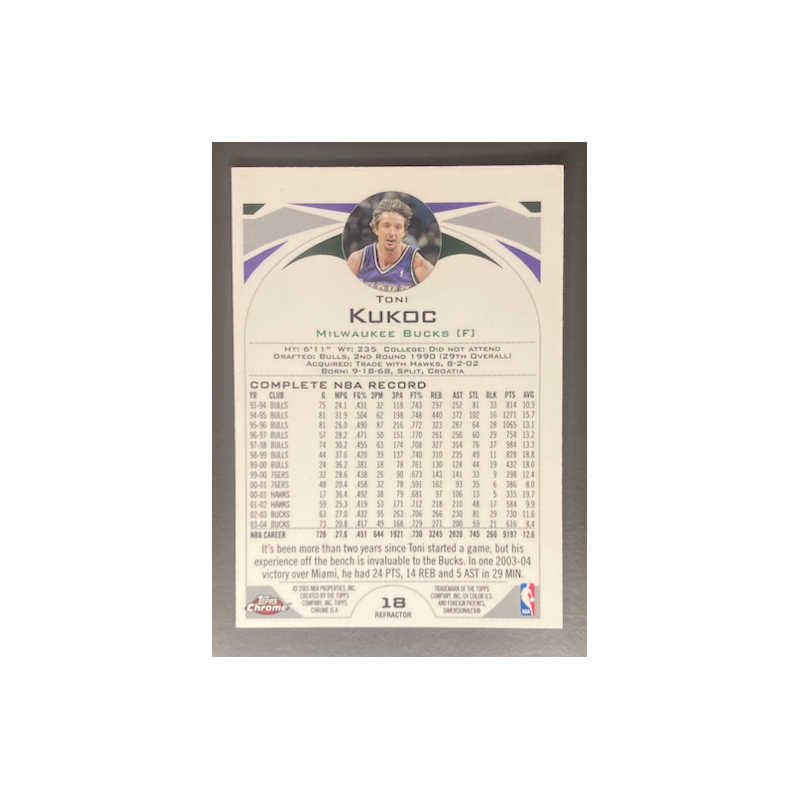 TONI KUKOC 2004-05 TOPPS CHROME REFRACTOR - 18