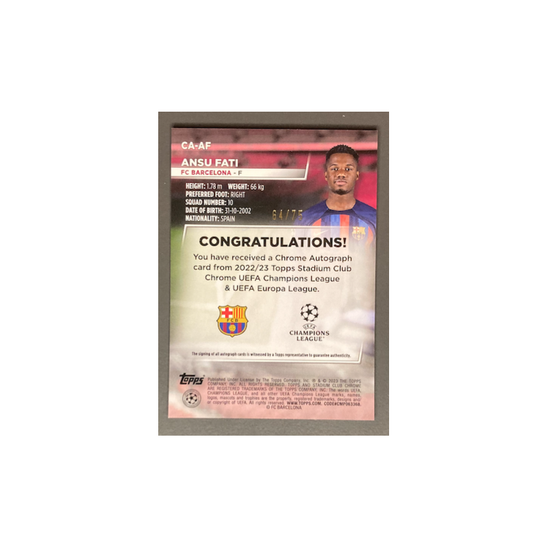 ANSU FATI 2023 TOPPS STADIUM CLUB CHROME UEFA BLUE WAVE REFRACTOR AUTO /75