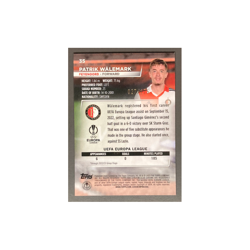 PATRIK WALEMARK 2023 TOPPS STADIUM CLUB CHROME UEFA ROOKIE GREEN X-FRACTOR 027/175