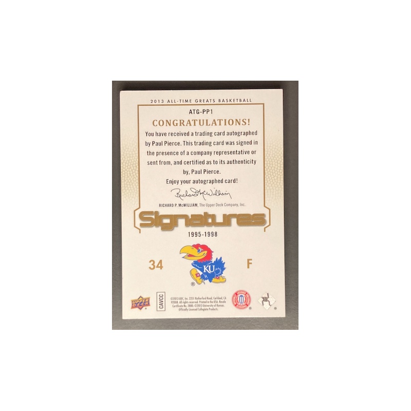 PAUL PIERCE 2013 Upper Deck All Time Greats Basketball Kansas Signatures 01/50