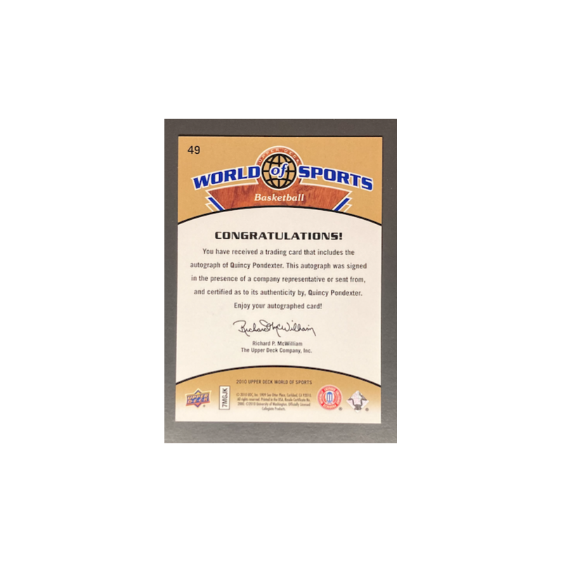 QUINCY PONDEXTER 2010 Upper Deck World of Sports Autographs - 49