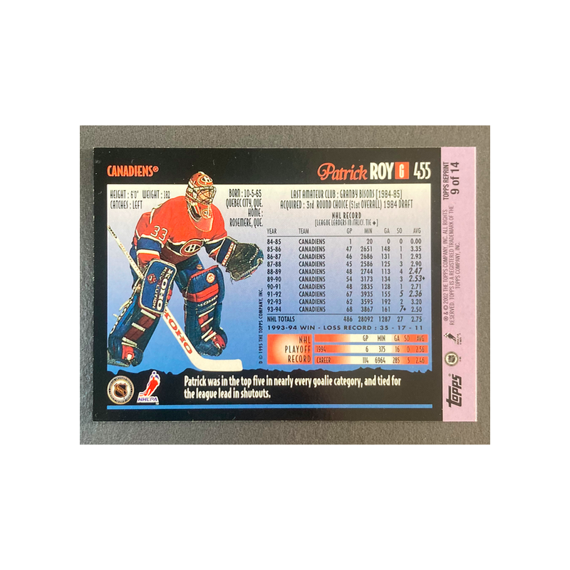 PATRICK ROY 2002-03 Topps Reprints 1994-95 Premier
