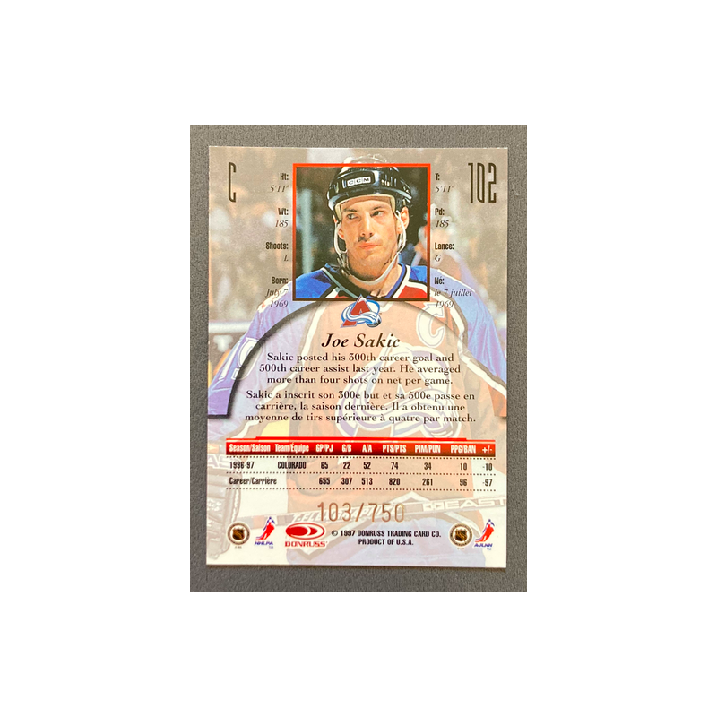 JOE SAKIC 1997-98 Donruss Canadian Ice Provincial Series 103/750
