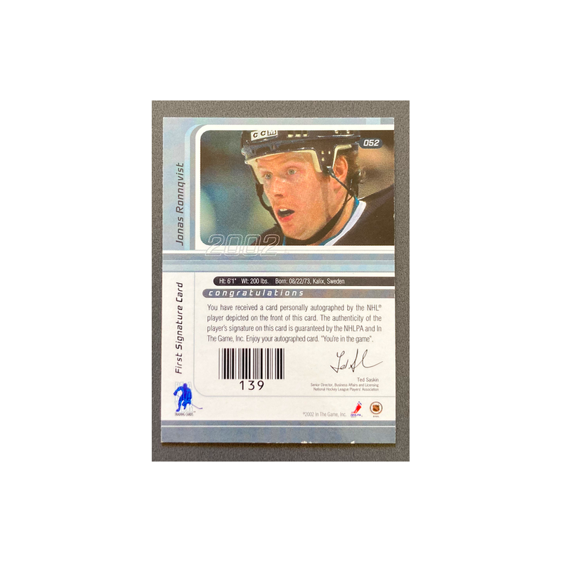 JONAS RONNQVIST 2001-02 BAP Signature Series Autograph - 52