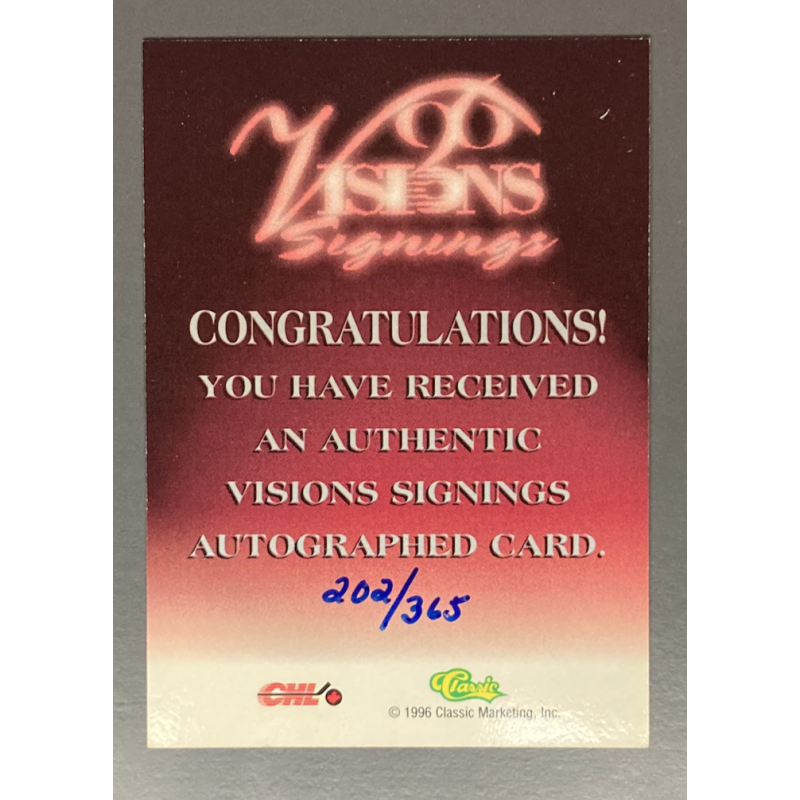 TREVOR WASYLUK 1996 Visions Signings Autograph Silver 202/365