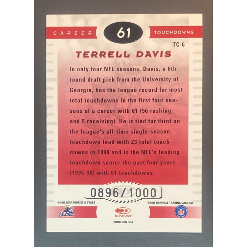 TERRELL DAVIS 1999 Leaf Rookies and Stars Touchdown Club 0896/1000