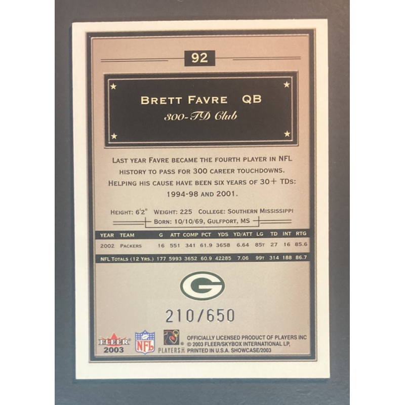 BRETT FAVRE 2003 Fleer Showcase Avant Card 210/650