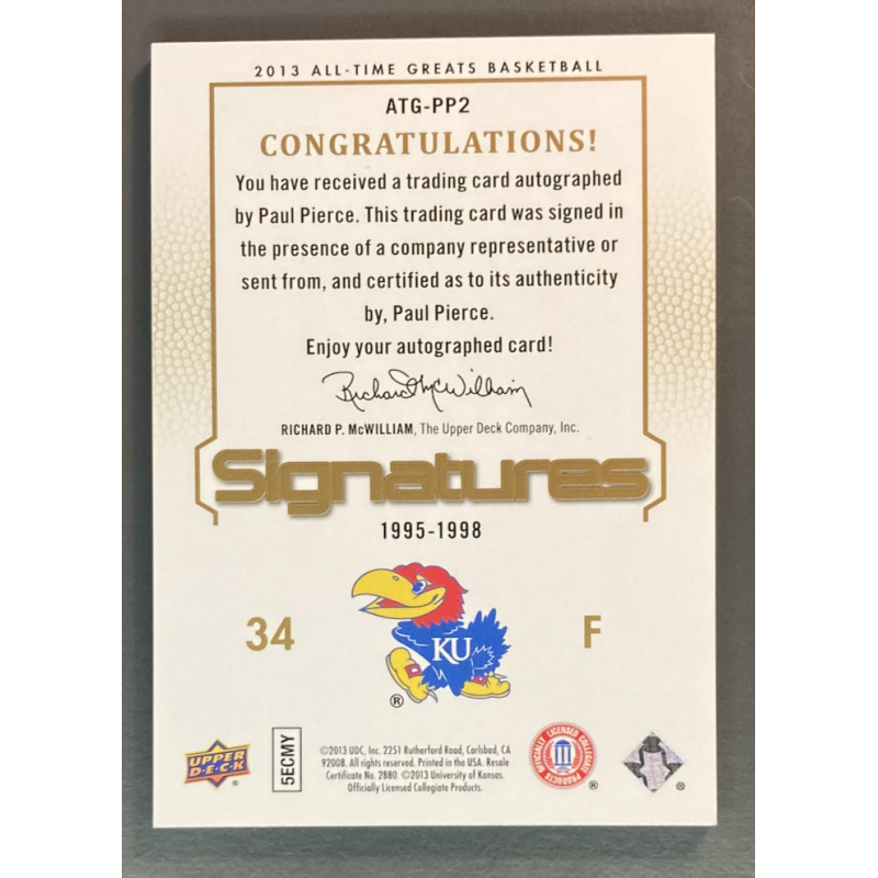 PAUL PIERCE 2013 Upper Deck All Time Greats Basketball Gold Spectrum Signatures 1/1 ATG-PP2