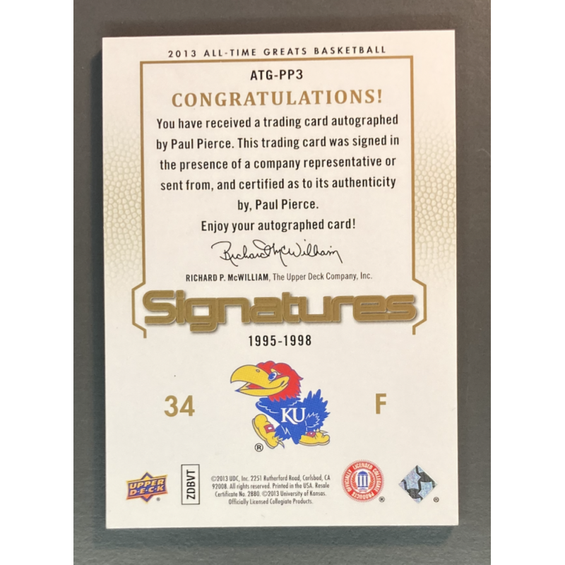 PAUL PIERCE 2013 Upper Deck All Time Greats Basketball Kansas Signatures 05/50 ATG-PP3