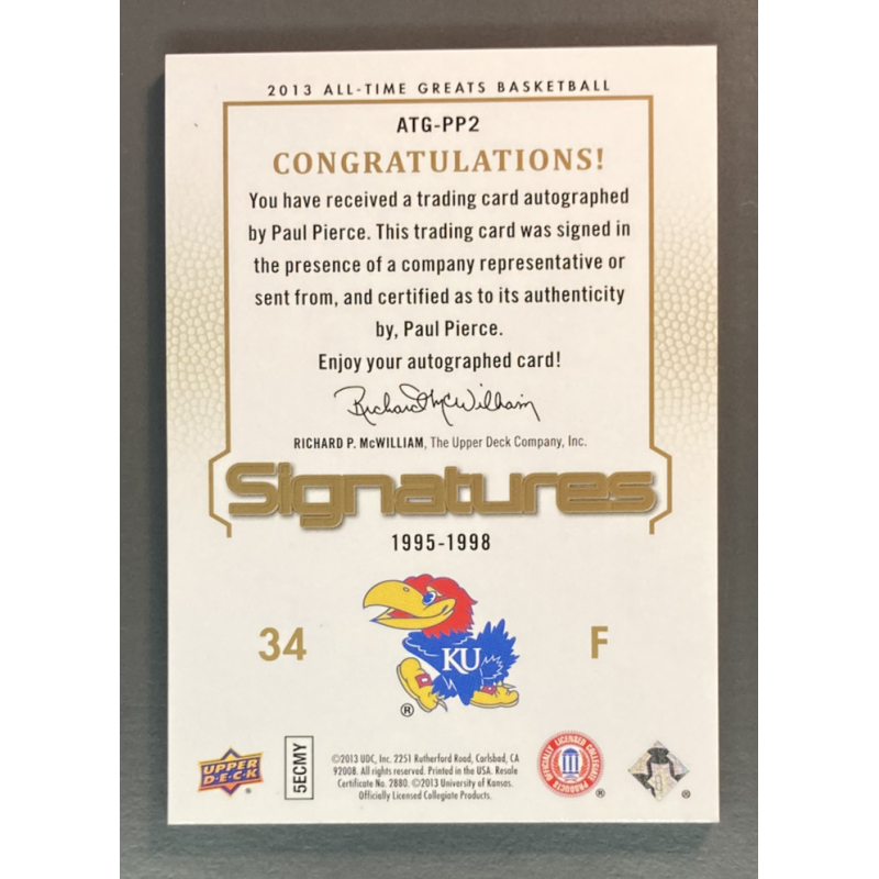 PAUL PIERCE 2013 Upper Deck All Time Greats Basketball Kansas Signatures 47/50 ATG-PP2