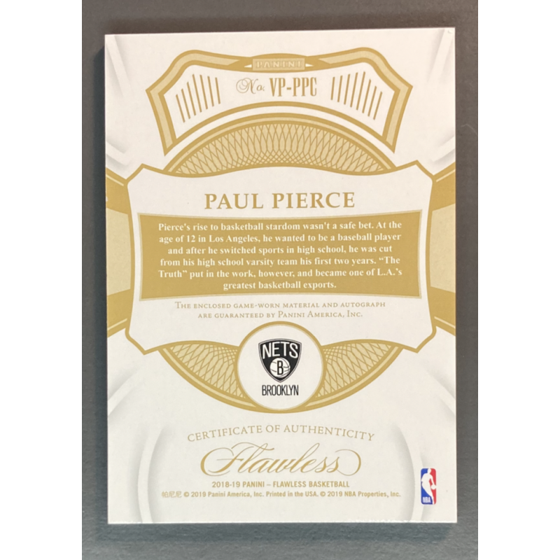 PAUL PIERCE 2018-19 Panini Flawless Vertical Patch Autograph Emerald 3/5
