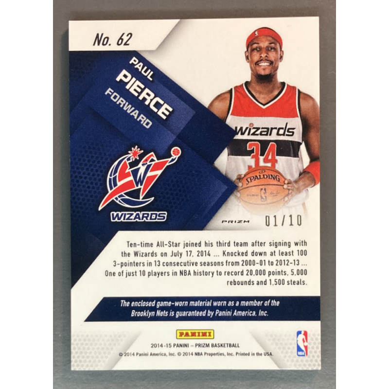 PAUL PIERCE 2014-15 Panini Prizm Jersey Prizm Blue Mojo Prime 01/10
