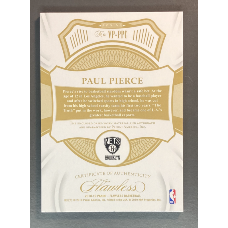 PAUL PIERCE 2018-19 Panini Flawless Vertical Patch Autograph Ruby 08/15