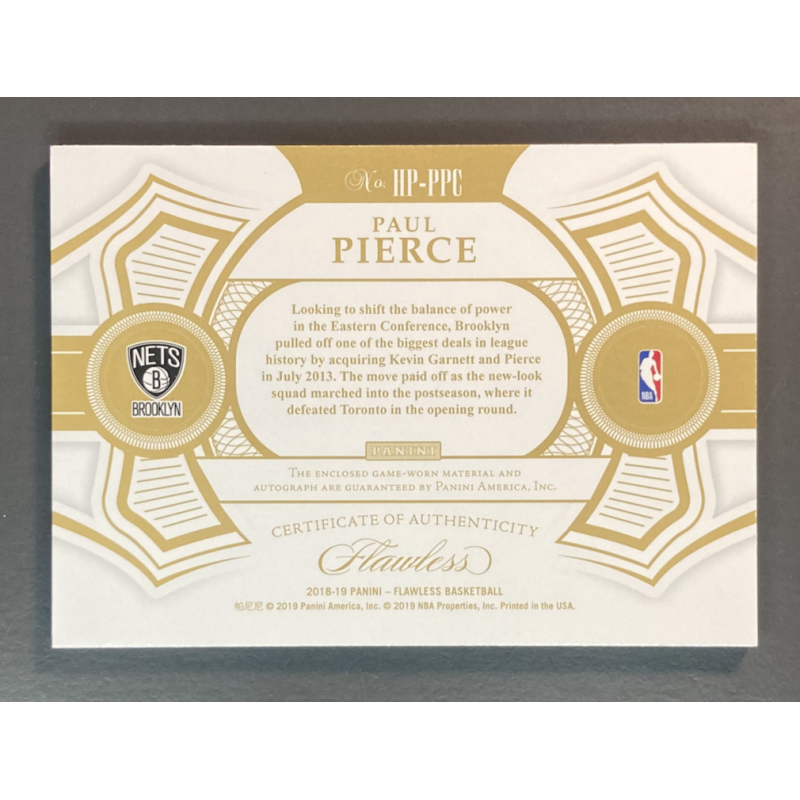 PAUL PIERCE 2018-19 Panini Flawless Horizontal Patch Autograph Gold 02/10