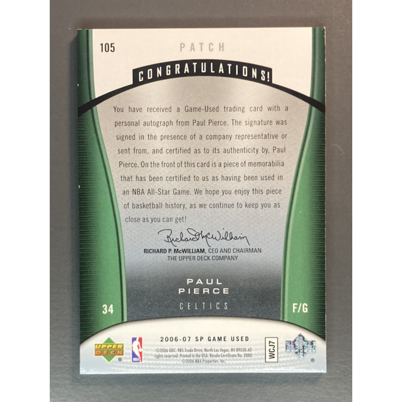 PAUL PIERCE 2006-07 Upper Deck SP Game Used Authentic Patch Auto 05/10