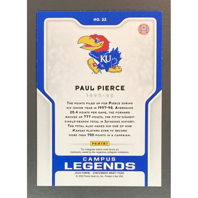 PAUL PIERCE 2020-21 Panini Contenders Draft Picks Campus Legends Draft 22 1/1