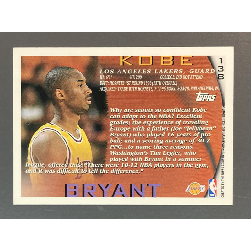 KOBE BRYANT 1996-97 Topps ROOKIE - 138
