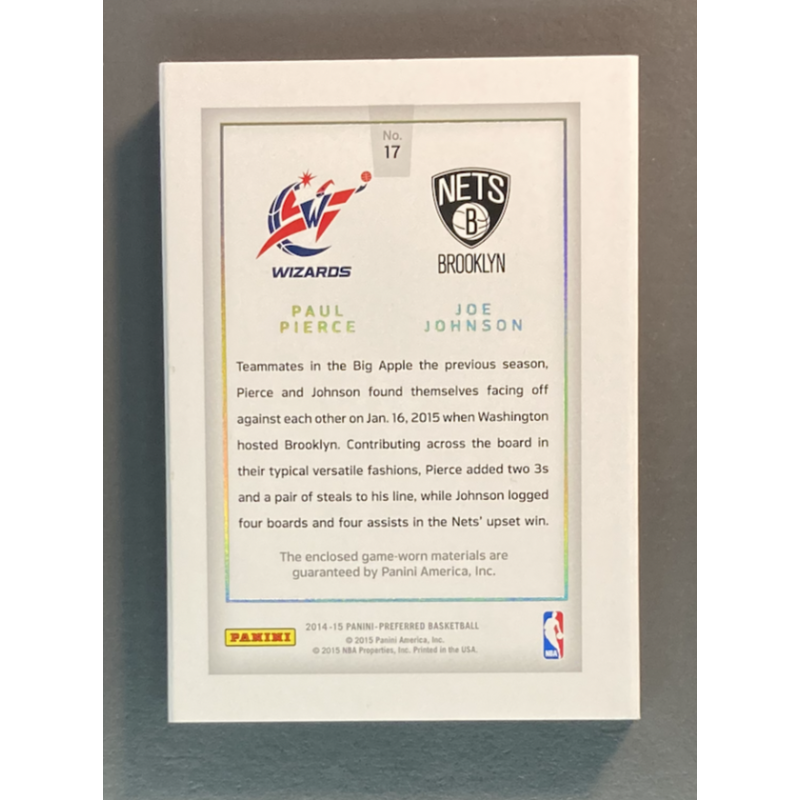 JOE JOHNSON / PAUL PIERCE 2014-15 Panini Preferred 1 on 1 patch booklet 03/25