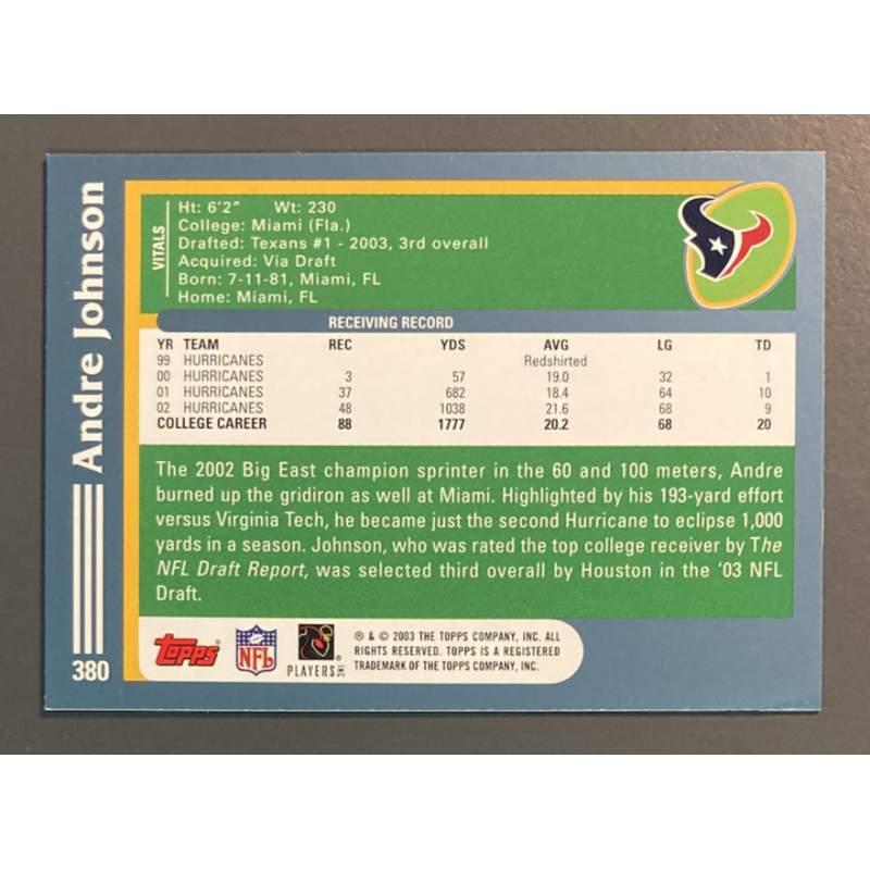 ANDRE JOHNSON 2003 TOPPS ROOKIE - 380