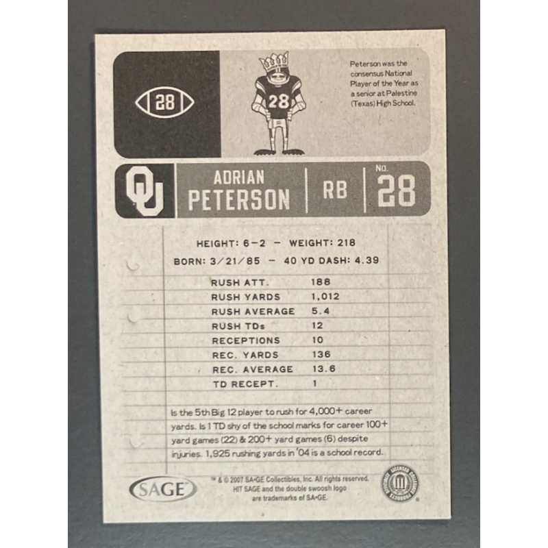 ADRIAN PETERSON 2007 SAGE HIT - 28