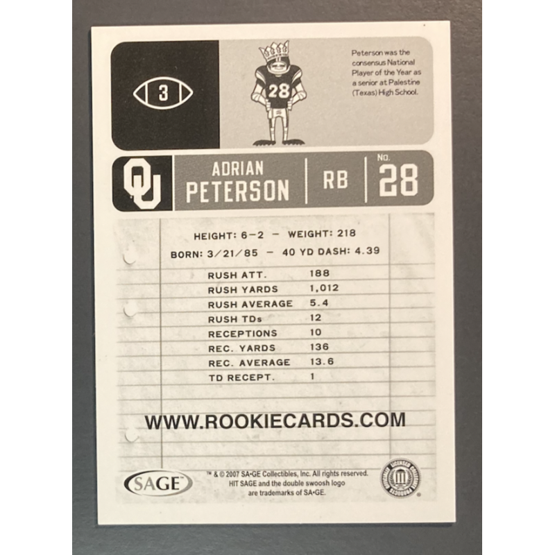 ADRIAN PETERSON 2007 SAGE HIT HYPE BRONZE - 3