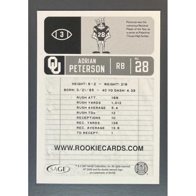 ADRIAN PETERSON 2007 SAGE HIT HYPE SILVER - 3