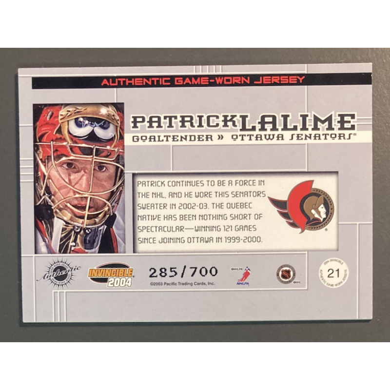 PATRICK LALIME 2003-04 Pacific Invincible Jersey 285/700