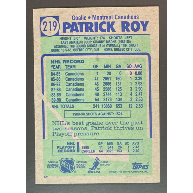 PATRICK ROY 1990-91 Topps - 219