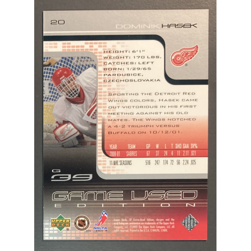 DOMINIK HASEK 2001-02 SP Game Used - 20