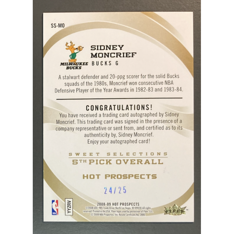 SYDNEY MONCRIEF 2008-09 Hot Prospects Sweet Selections Autograph 24/25