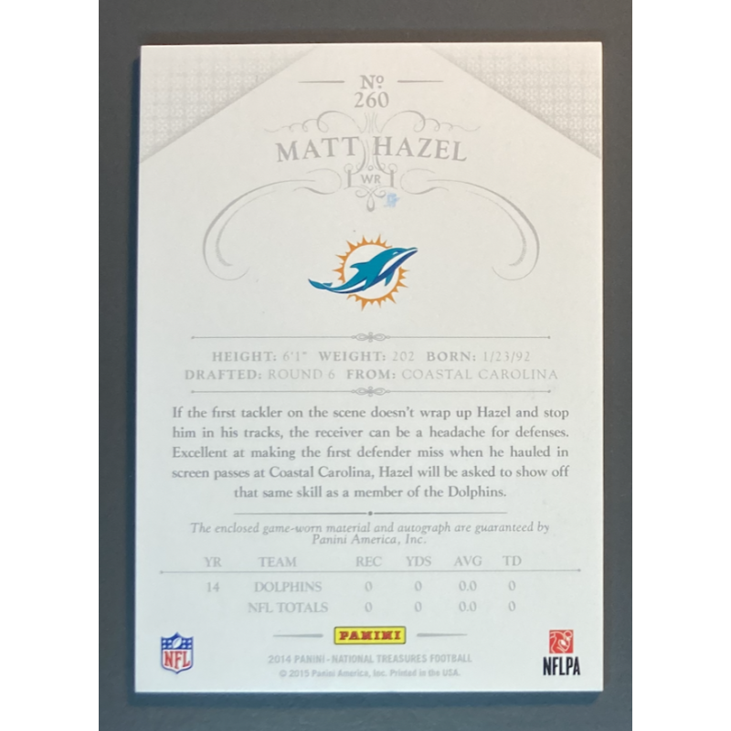 MATT HAZEL 2014 PANINI NATIONAL TREASURES NFL ROOKIE JERSEY AUTOGRAPH 94/99