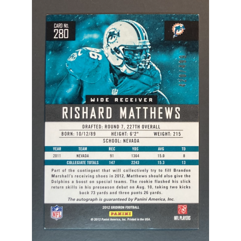 RISHARD MATTHEWS 2012 PANINI GRIDIRON NFL ROOKIE AUTOGRAPH 420/499