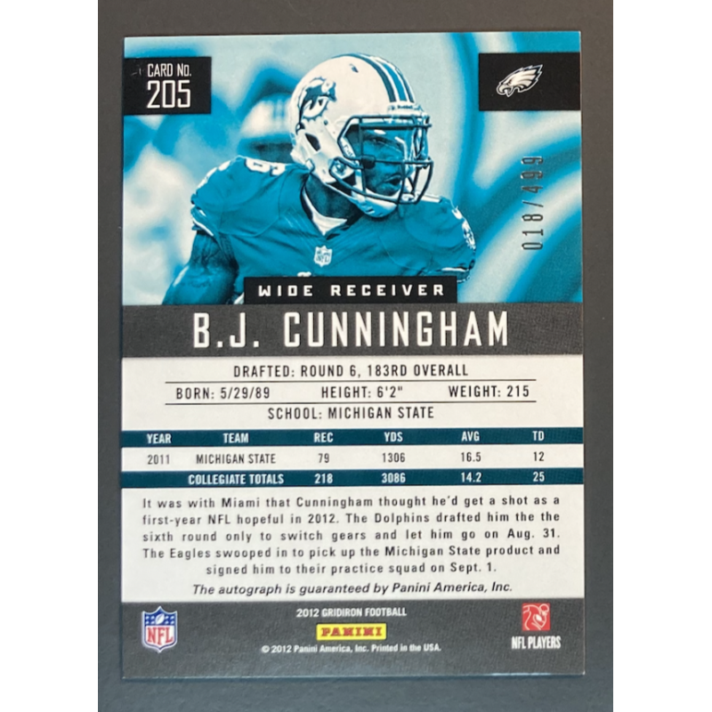 B.J CUNNINGHAM 2012 PANINI GRIDIRON NFL ROOKIE AUTOGRAPH 018/499