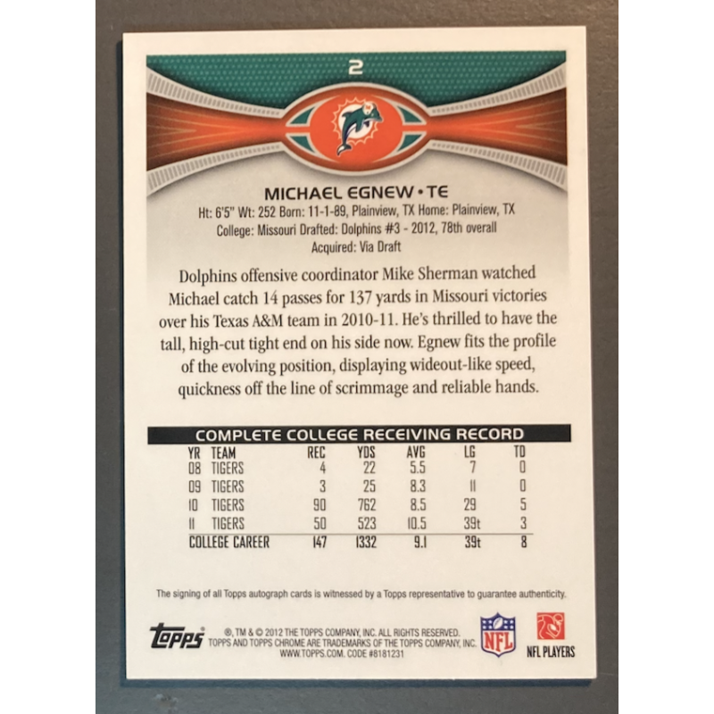 CARTE NFL MICHAEL EGNEW 2012 TOPPS CHROME NFL ROOKIE AUTOGRAPH