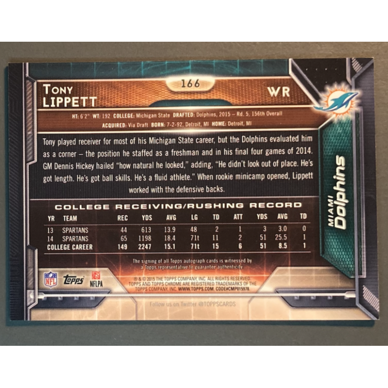 CARTE NFL TONY LIPPETT 2015 TOPPS CHROME NFL ROOKIE AUTOGRAPH