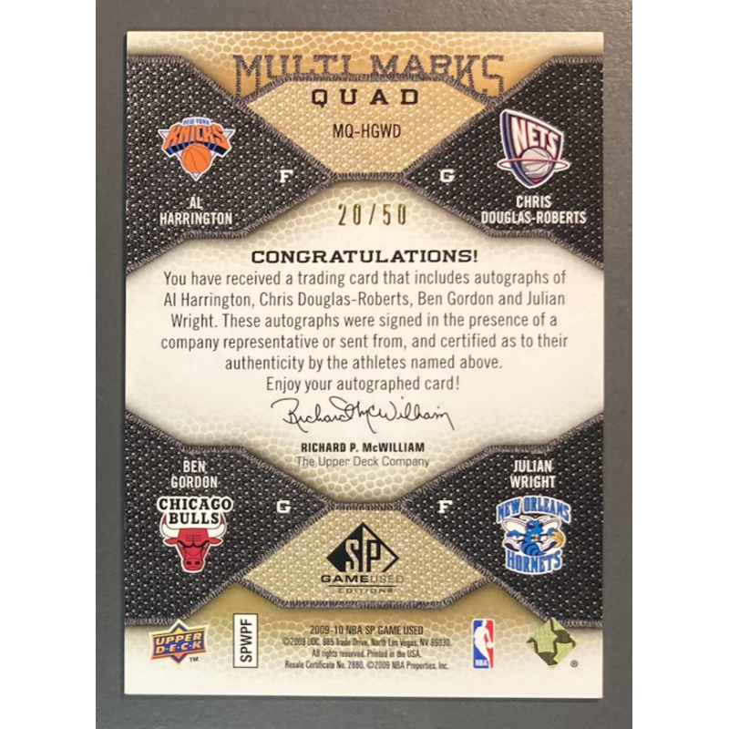 WRIGHT / GORDON / DOUGLAS-ROBERTS / HARRINGTON 2009-10 SP Game Used NBA Multi Marks Quad autographs 20/50