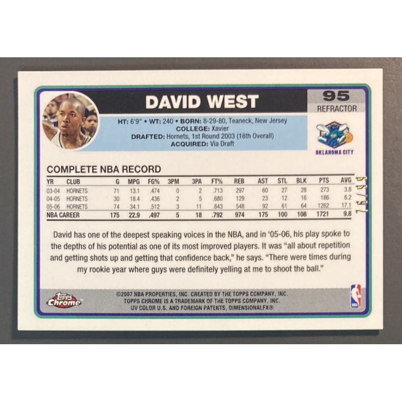 carte nba DAVID WEST 2006-07 Topps Chrome NBA Refractor Black 76/99