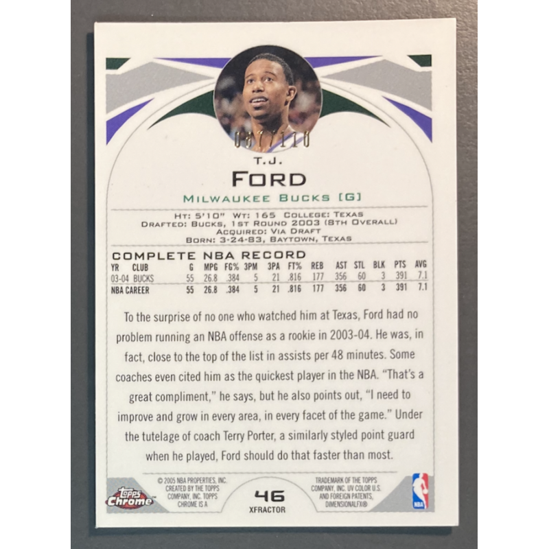 carte nba T.J FORD 2004-05 Topps Chrome NBA X-Fractor 087/110
