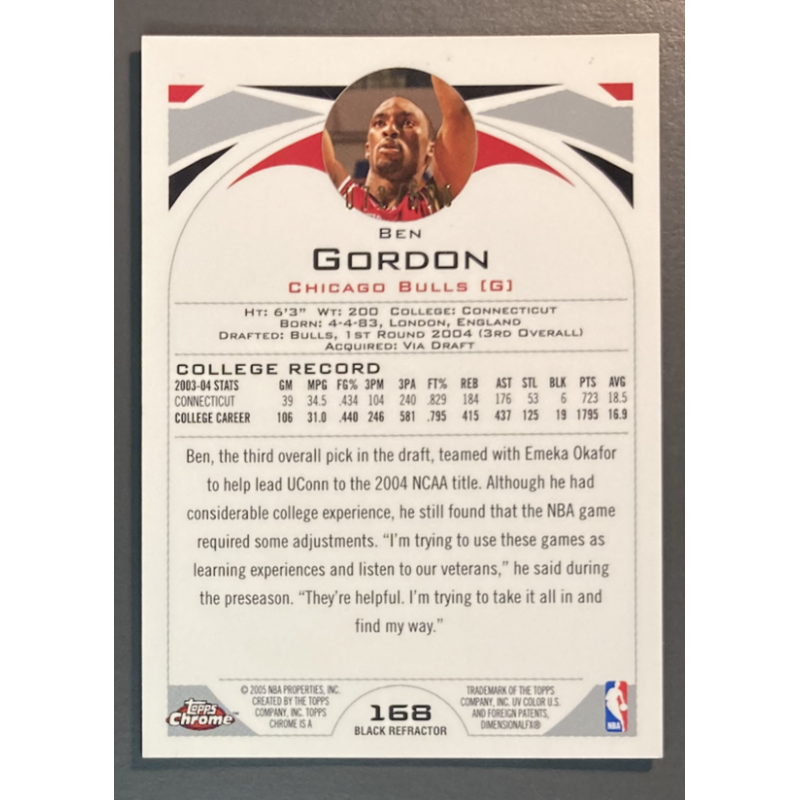 BEN GORDON 2004-05 Topps Chrome Black Refractor rookie 072/500