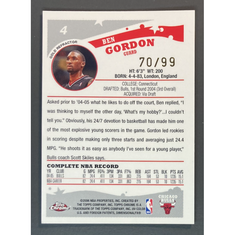 BEN GORDON 2005-06 Topps Chrome Gold Refractor 70/99