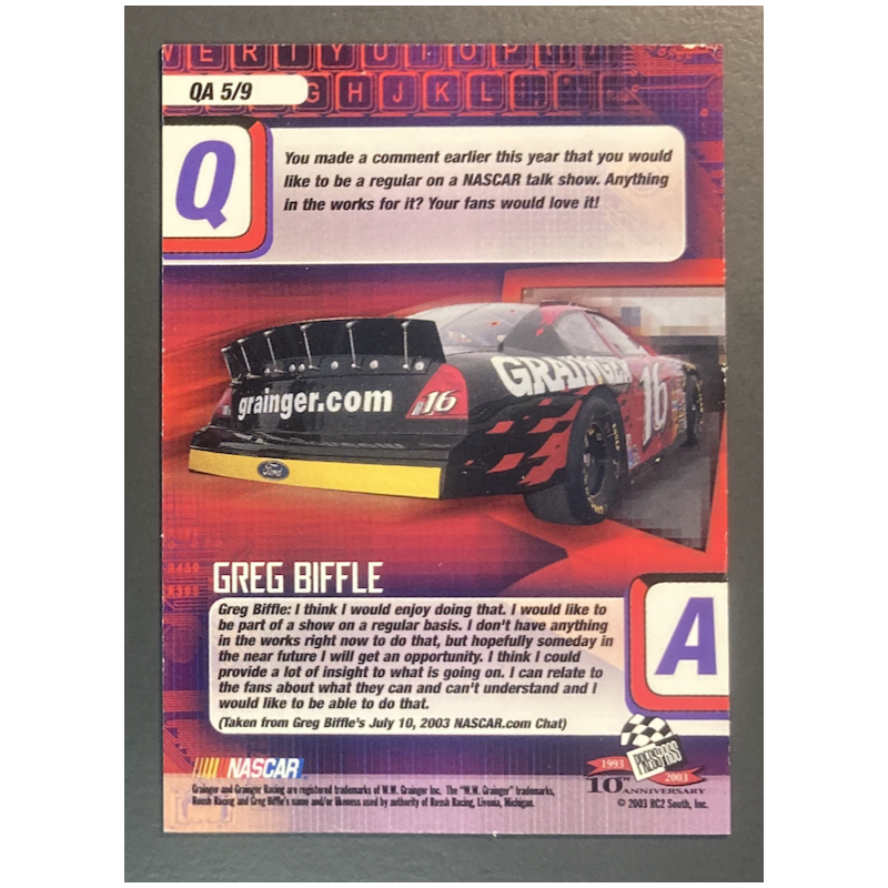 carte nascar GREG BIFFLE 2003 Press Pass Optima Q and A - QA5