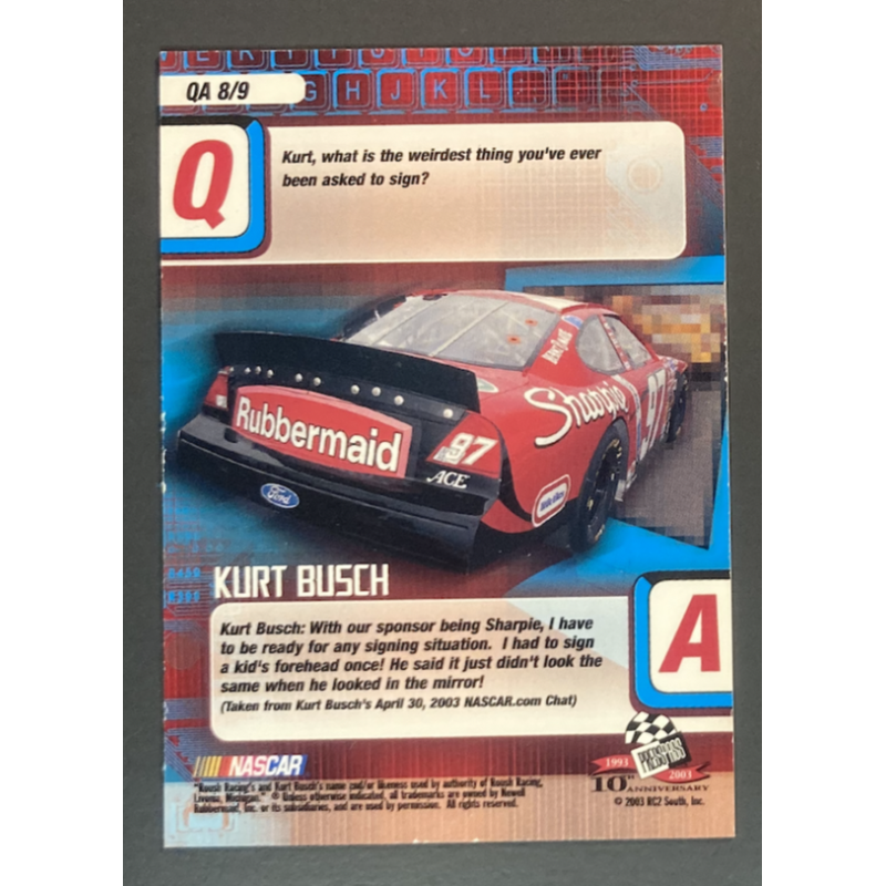 carte nascar KURT BUSCH 2003 Press Pass Optima Q And A - QA8