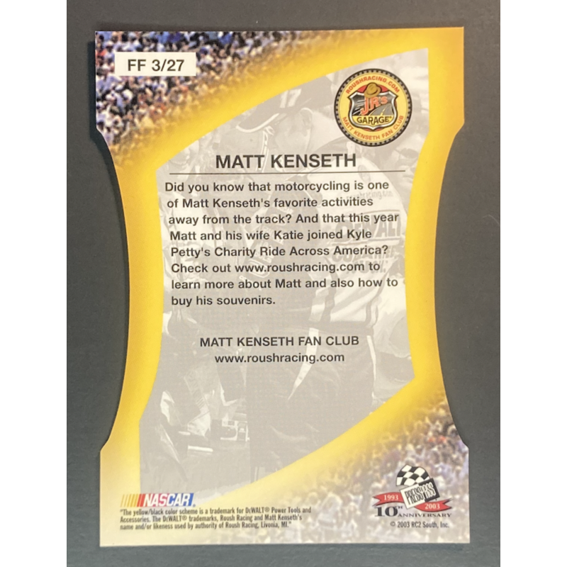 CARTE NASCAR MATT KENSETH 2003 Press Pass Optima Fan Favorite