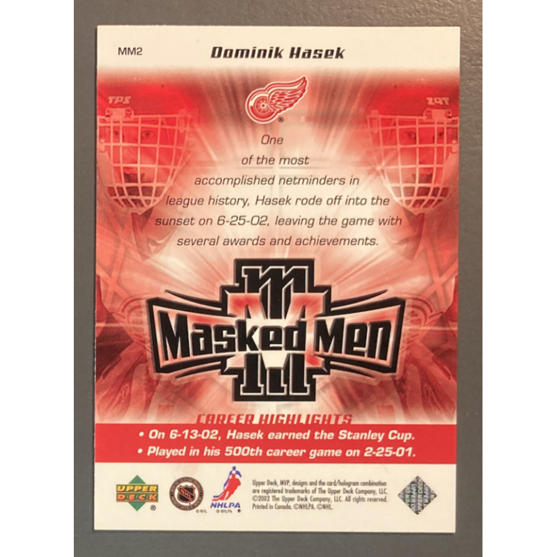 NHL card DOMINIK HASEK 2002-03 Upper Deck MVP Masked Men