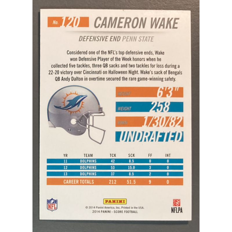carte NFL Cameron Wake 2014 Panini Score Gold Zone 13/50
