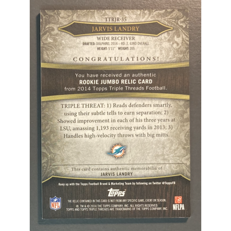 Jarvis Landry NFL Card 2014 Topps Triple Threads Jersey Emerald /50
