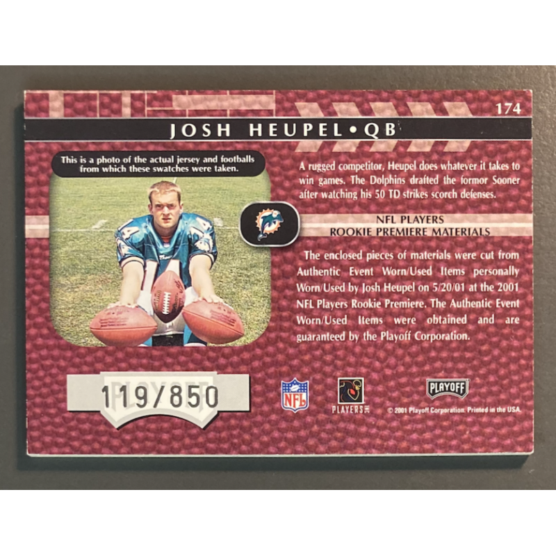 NFL Card Josh Heupel 2001 Playoff Absolute Rookie Premiere Materials