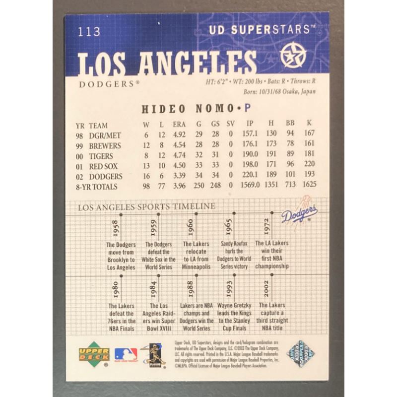 carte MLB HIDEO NOMO 2002-03 UD SuperStars - 113