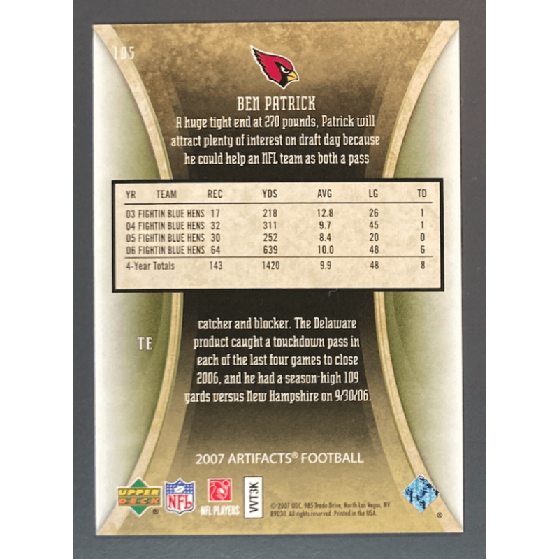 carte NFL BEN PATRICK 2007 Upper Deck Artifacts Rookie Green 28/99